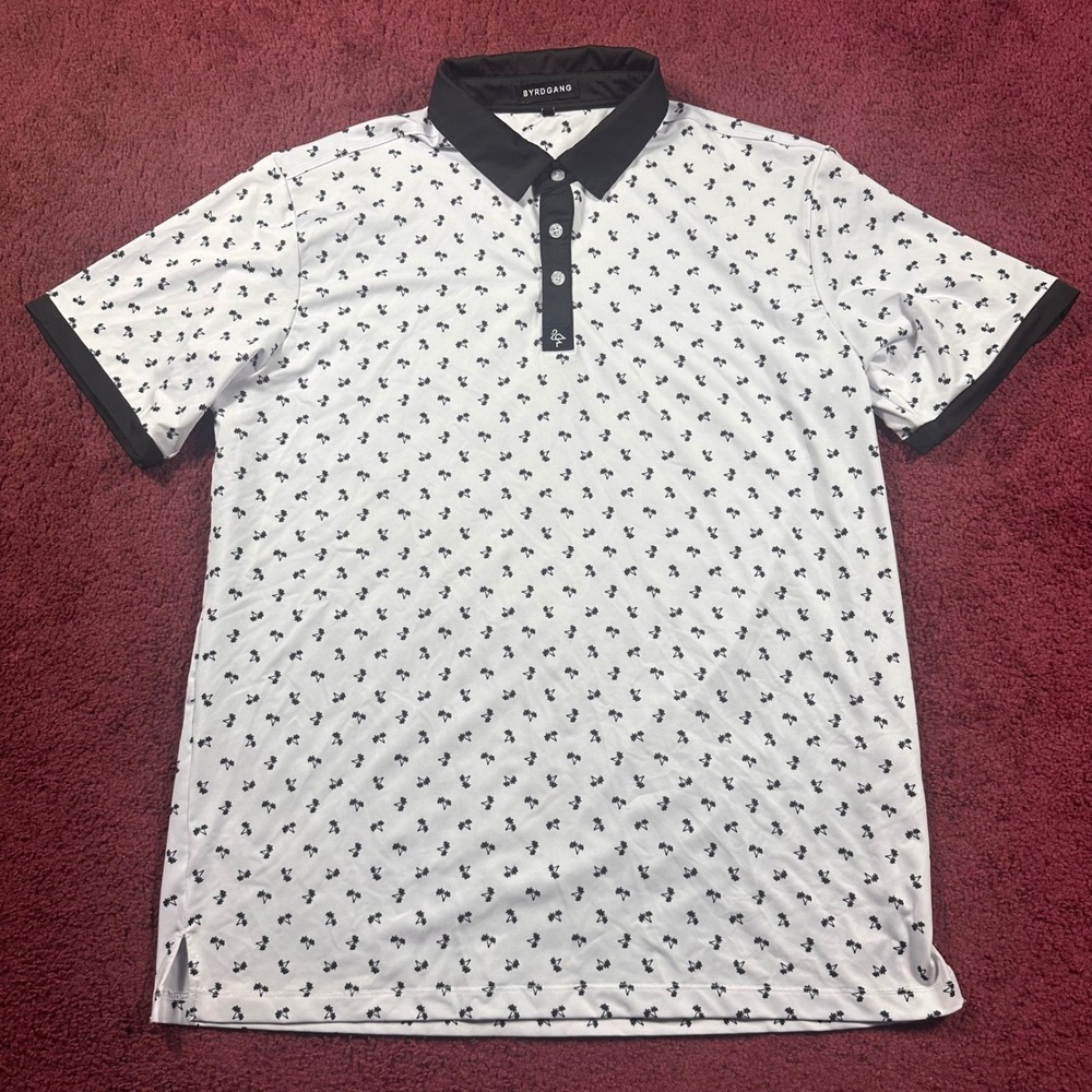 Byrdgang Polo Shirt Mens L White Palm Tree Print Performance Golf Short Sleeve
